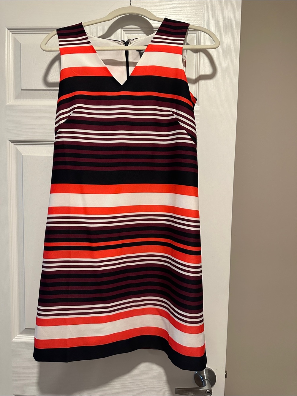 Striped V-Neck Sleeveless Shift Dress in Orange, Black & White